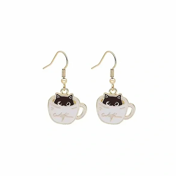 Coffee Cat Lover Cafe Dangling Gold Earrings Limited Edition Kawaii Kitty Gift - Picture 4 of 9